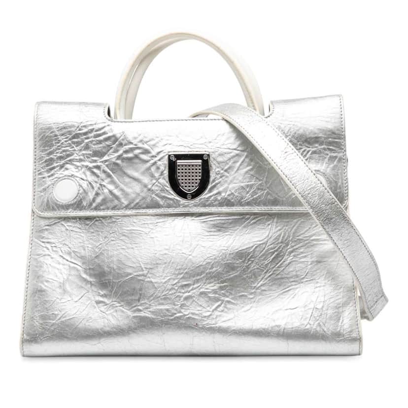 Dior Medium Metallic Crinkled Calfskin Diorever Satchel Silver Leather Good condition - Front View