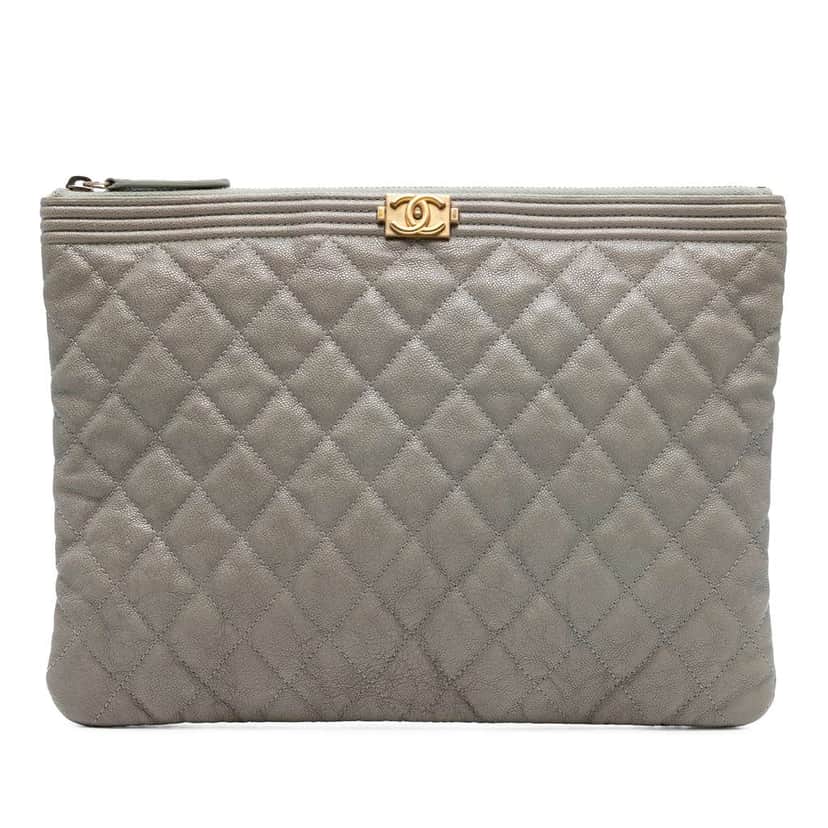 Chanel Medium Quilted Caviar Boy O Case Clutch Grey Leather Good condition - Front View