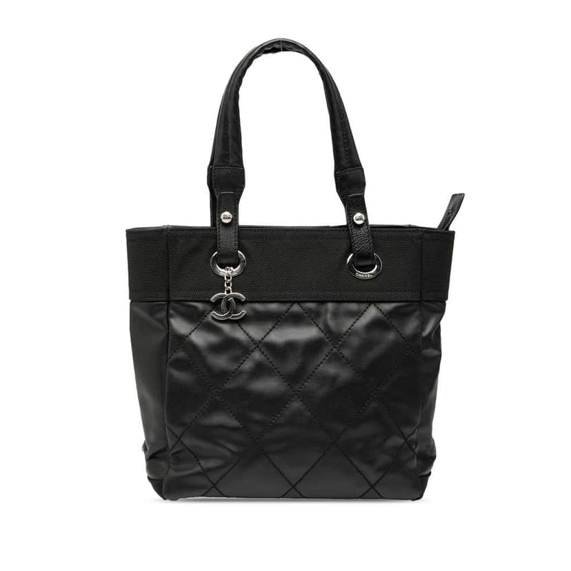 Chanel Small Quilted Coated Canvas Paris Biarritz Tote Black Canvas Good condition - Front View