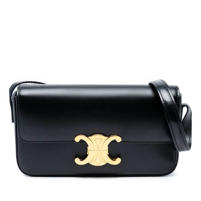 Celine Shiny Calfskin Triomphe Claude Shoulder Bag Black Leather Good condition - Front View