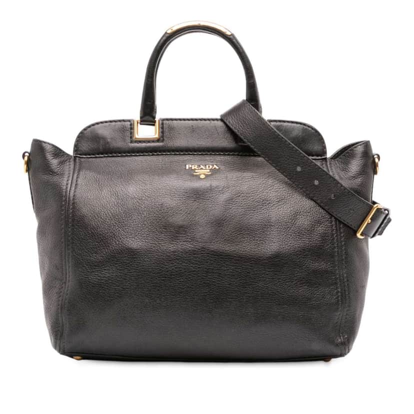 Prada Vitello Daino Frame Convertible Tote Black Leather Good condition - Front View