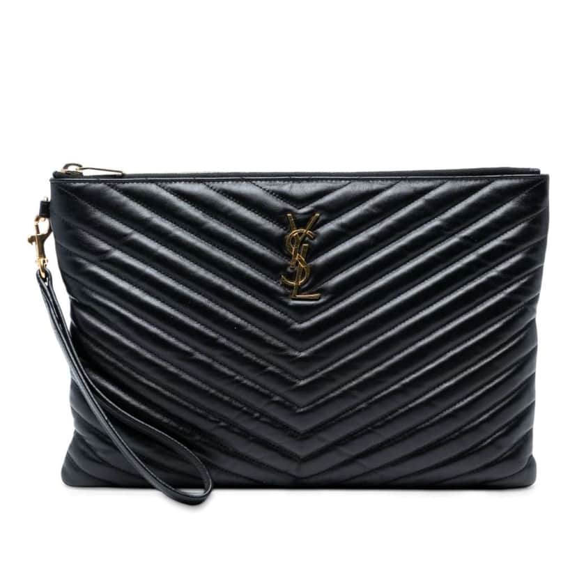 Saint Laurent Quilted Chevron Leather Monogram Document Holder Black Leather Good condition - Front View