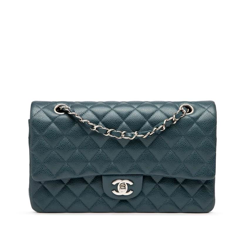 Chanel Medium Classic Caviar Double Flap Blue Leather Good condition - Front View