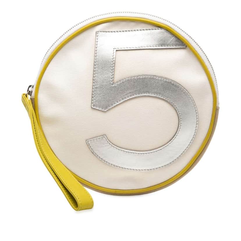 Chanel CC Canvas and Metallic Calfskin No. 5 Wristlet Pouch Brown Canvas Good condition - Front View