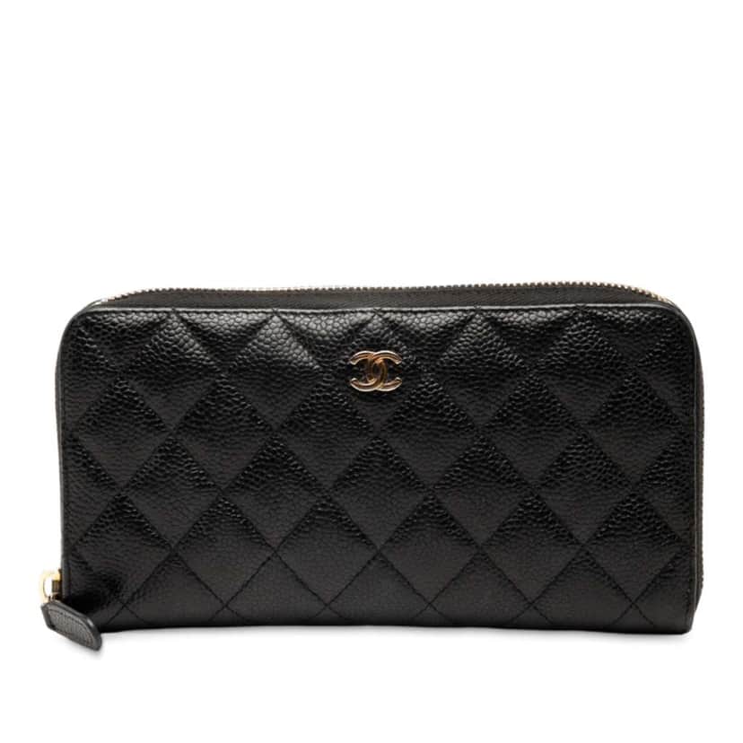 Chanel CC Quilted Caviar Zip Around Long Wallet Black Leather Good condition - Front View