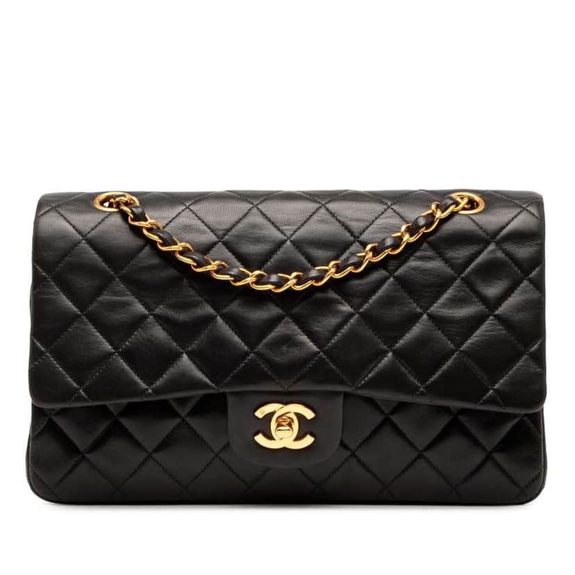 Chanel Medium Classic Lambskin Double Flap Black Leather Good condition - Front View