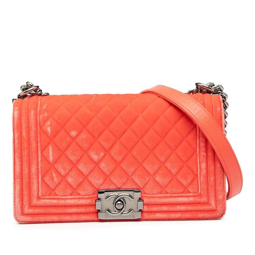 Chanel Old Medium Quilted Velvet Boy Flap Orange Velvet Very good condition - Front View