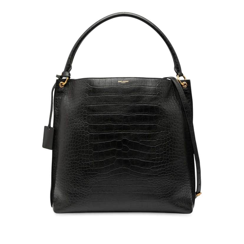 Saint Laurent Croc Embossed Leather Tag Hobo Bag Black Leather Good condition - Front View