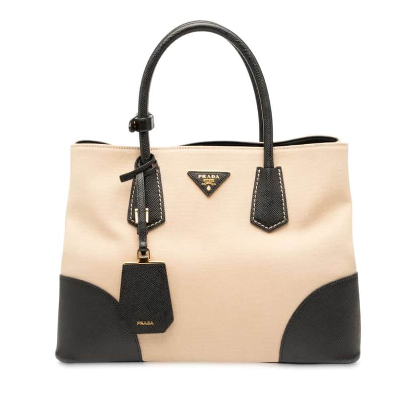 Prada Medium Saffiano Trimmed Canapa Double Satchel Brown Canvas Good condition - Front View