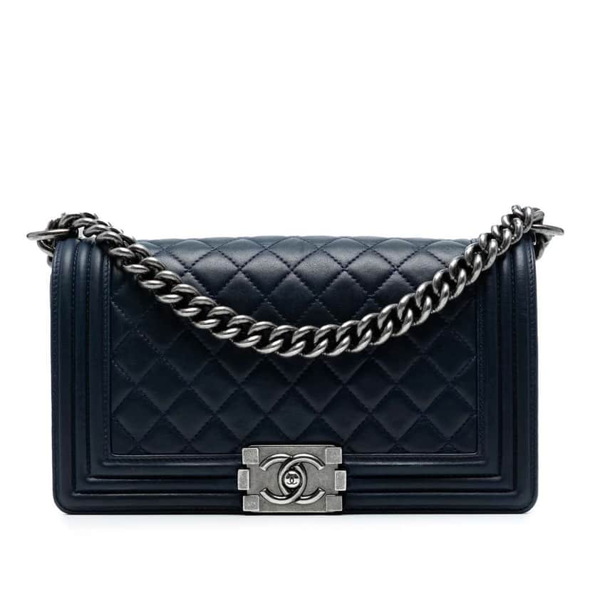 Chanel Old Medium Quilted Lambskin Boy Flap Blue Leather Good condition - Front View