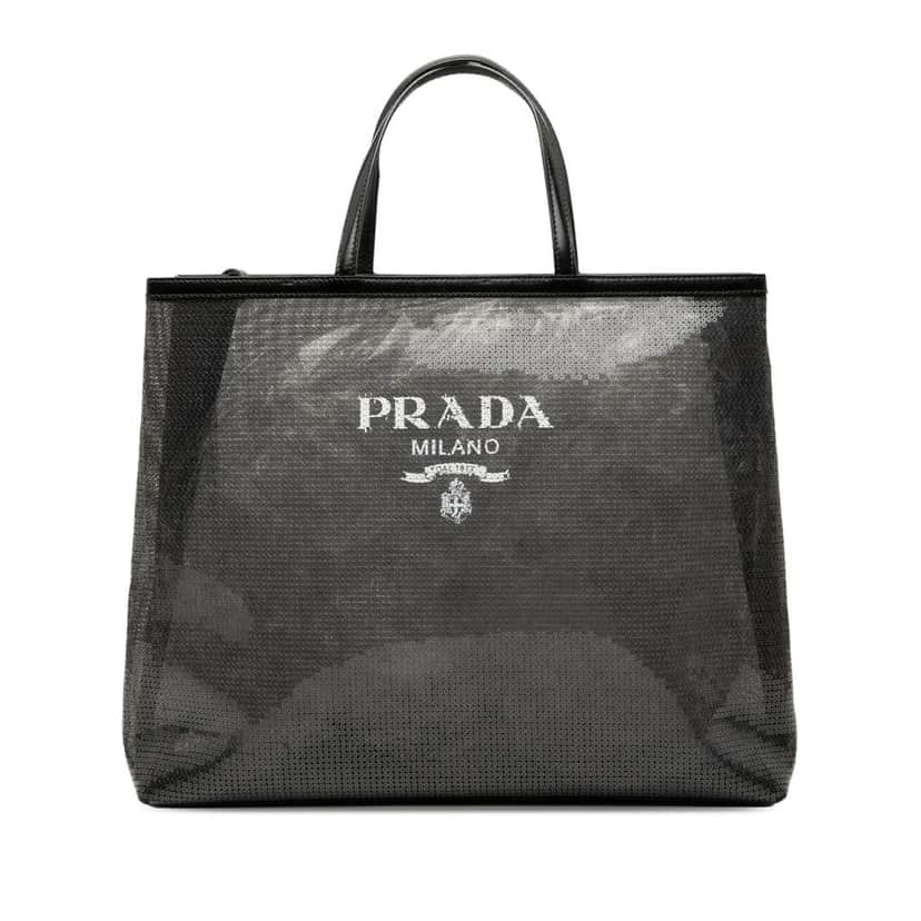 Prada Large Sequined Mesh Logo Tote Black Polyester Very good condition - Front View
