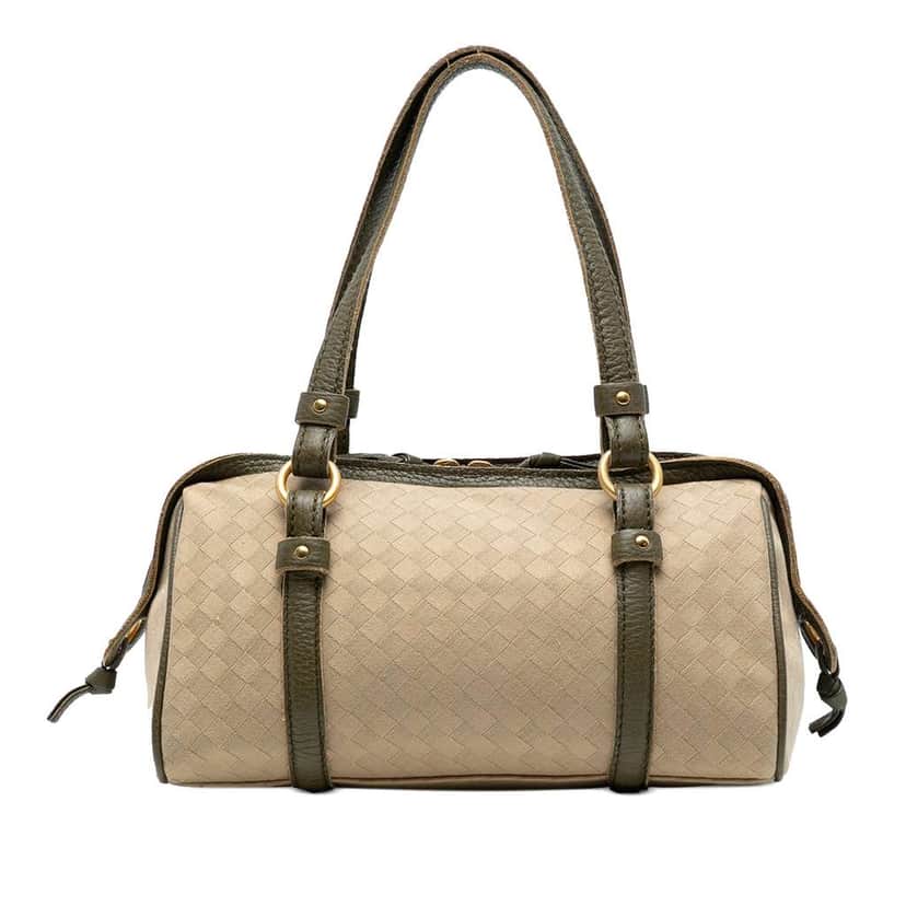 Bottega Veneta Leather Trimmed Satin Intrecciato Boston Bag Brown Satin Good condition - Front View