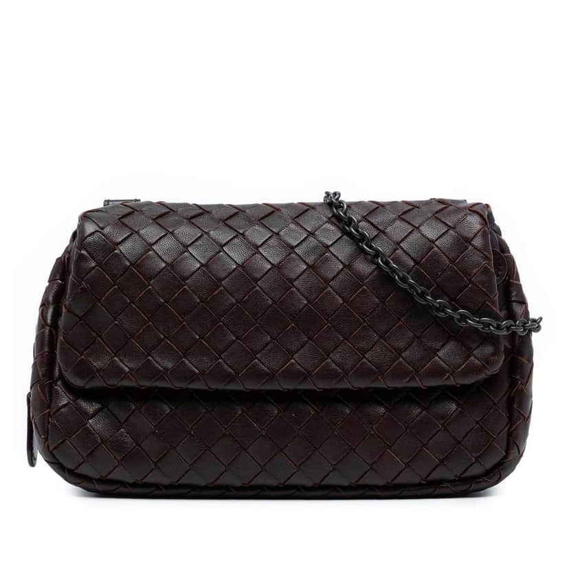 Bottega Veneta Mini Nappa Intrecciato Expandable Chain Flap Crossbody Brown Leather Good condition - Front View