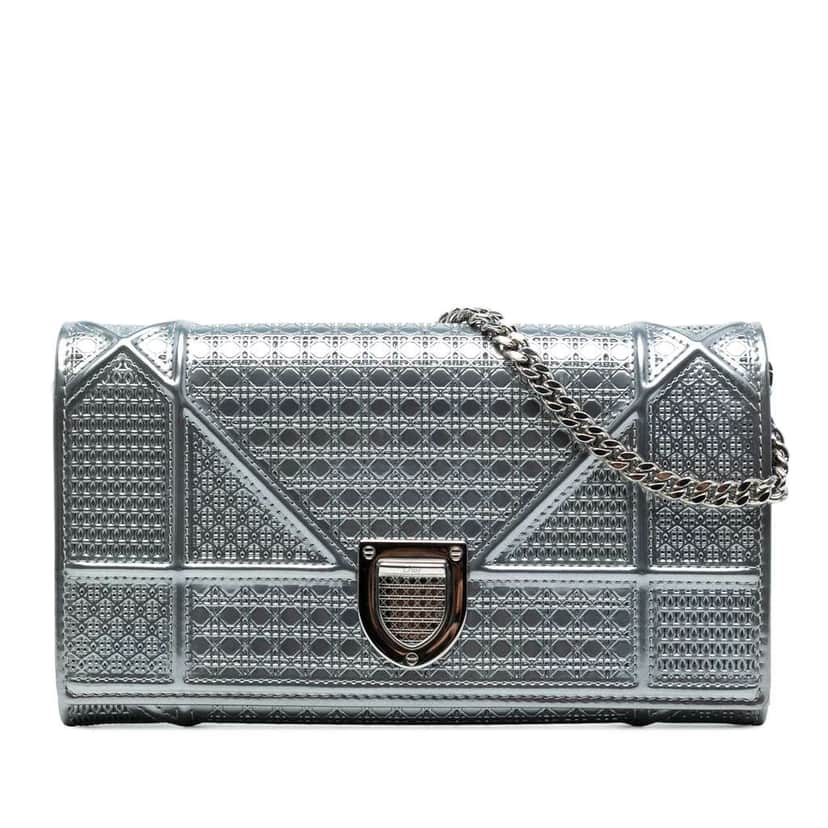 Dior Metallic Patent Microcannage Diorama Wallet on Chain Silver Leather Good condition - Front View