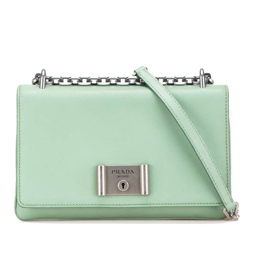 Prada Saffiano Lux Chain Lock Flap Green Leather Good condition - Front View