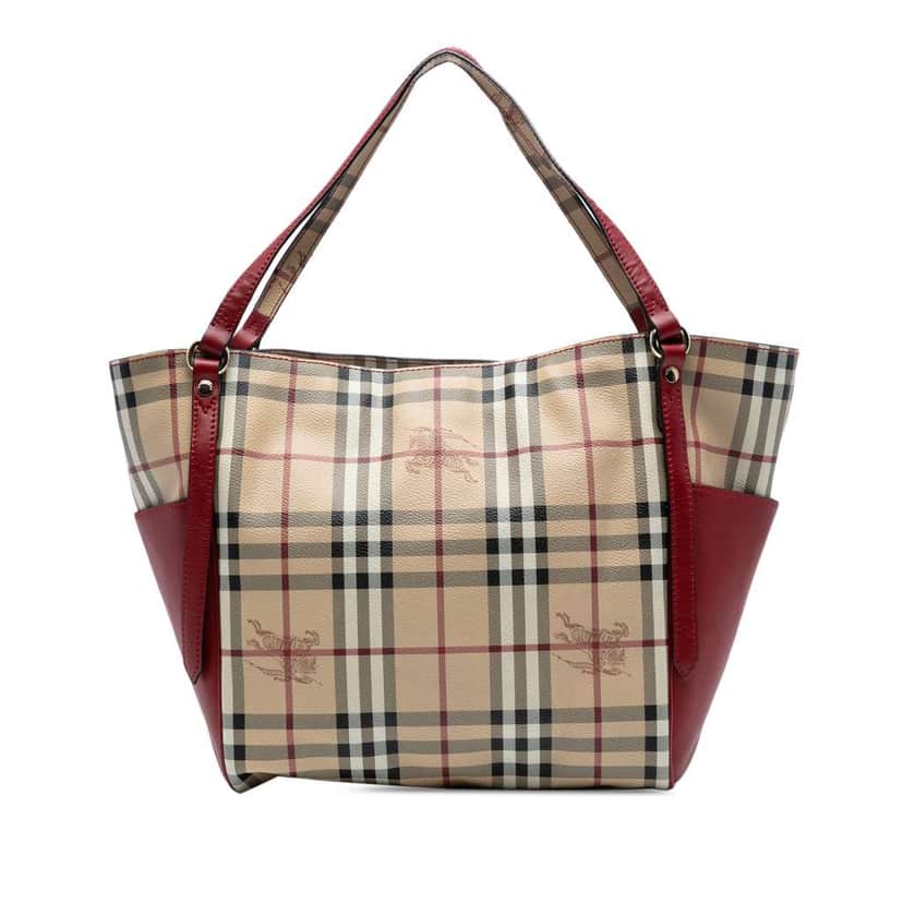 Burberry Small Leather Trimmed Haymarket Check Coated Canvas Canterbury Tote Brown Canvas Good condition - Front View