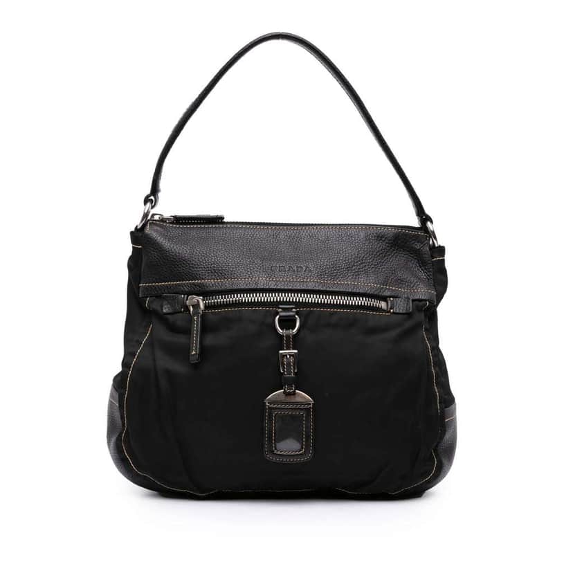 Prada Leather and Tessuto Shoulder Bag Black Leather Very good condition - Front View