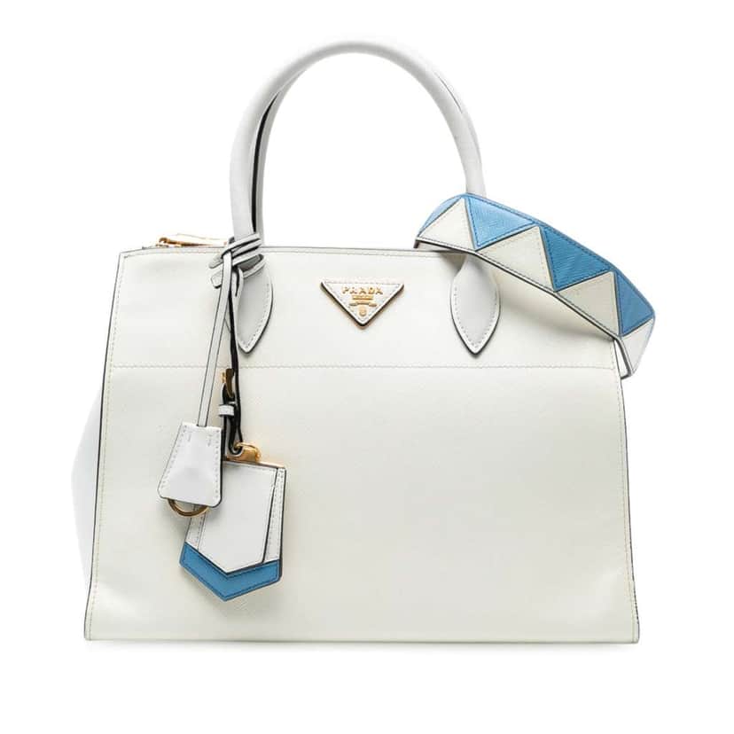 Prada City Calf Trimmed Saffiano Greche Paradigme Bag White Leather Good condition - Front View
