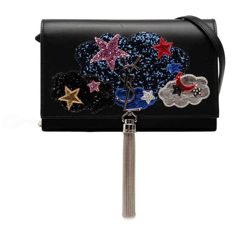 Saint Laurent Calfskin Cloud Star Applique Classic Monogram Kate Tassel Wallet on Chain Black Leather Very good condition - Front View