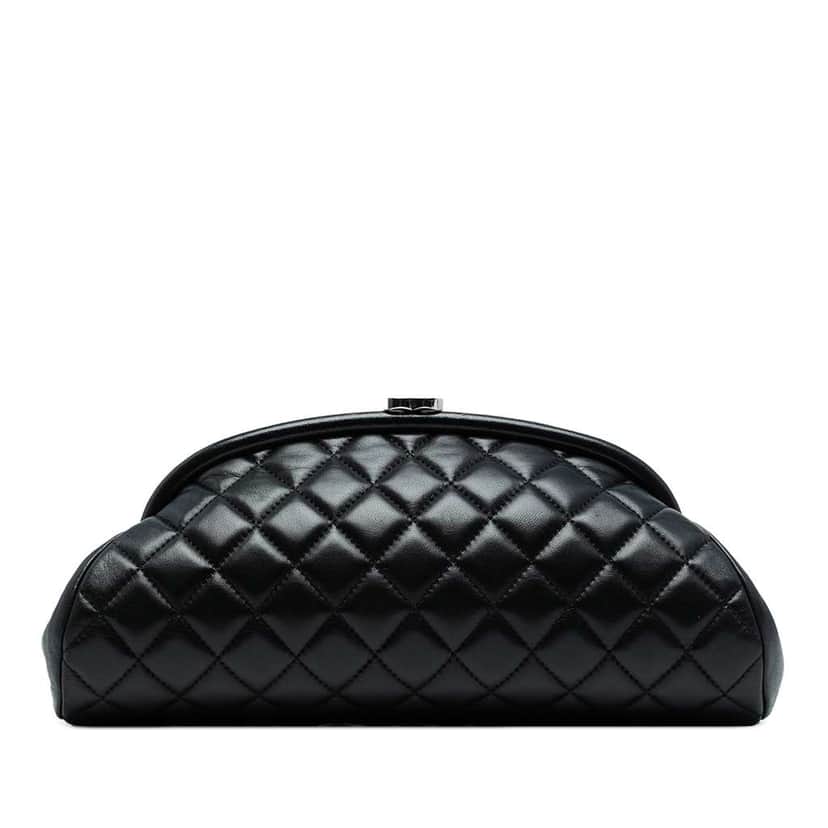 Chanel Quilted Lambskin Frame Clutch Black Leather Good condition - Front View
