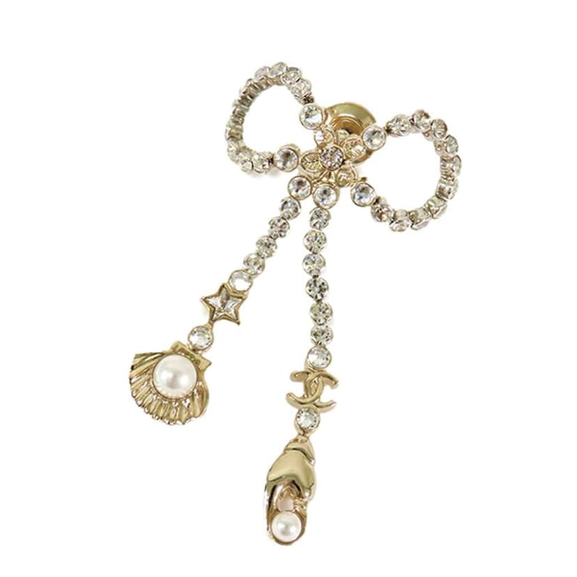 Chanel Gold Plated Rhinestone Embellished Ribbon Marine Brooch Gold Metal Good condition - Front View