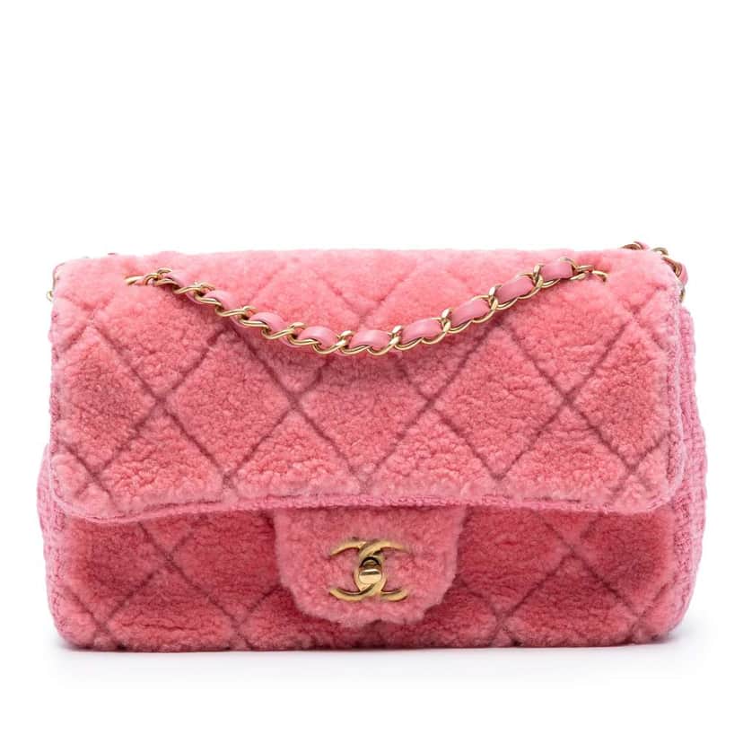 Chanel CC Quilted Shearling and Tweed Single Flap Pink Wool Very good condition - Front View