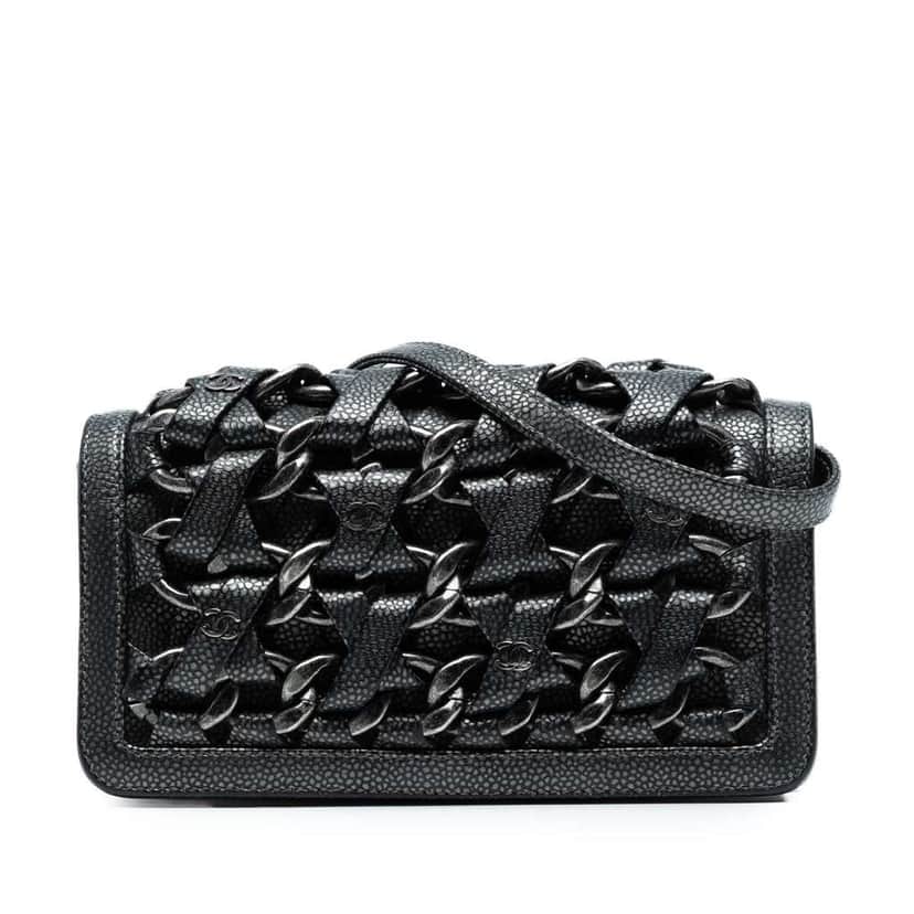 Chanel CC Metallic Caviar Interlaced Chain Clutch on Strap Black Leather Very good condition - Front View