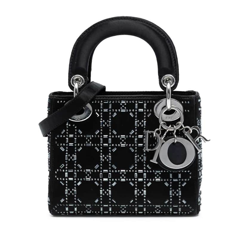 Dior Mini Satin Cannage Strass Crystal Embellished Lady Dior Black Satin Good condition - Front View