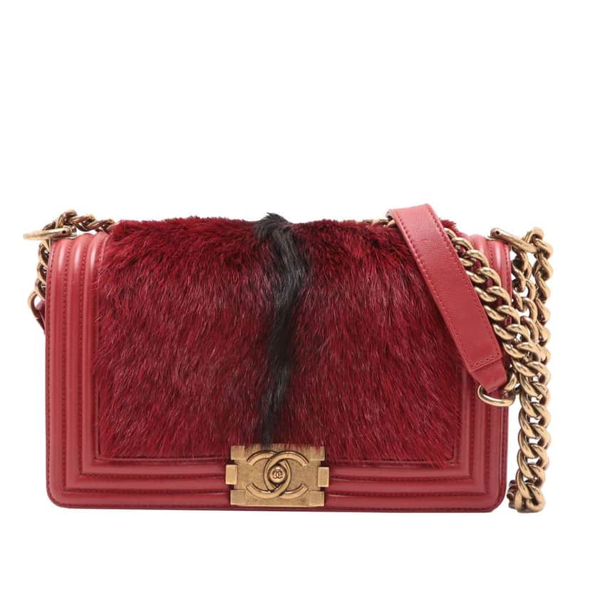 Chanel Old Medium Lambskin and Fur Boy Flap Red Good condition - Front View