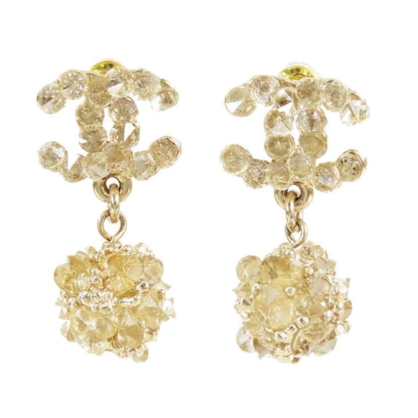 Chanel CC Gold Plated Rhinestone Embellished Drop Bullet Back Earrings Gold Metal Good condition - Front View
