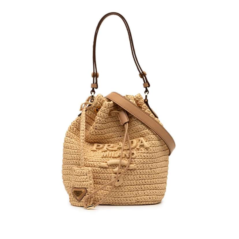 Prada Mini Raffia Crochet Logo Embroidered Bucket Bag Brown Good condition - Front View
