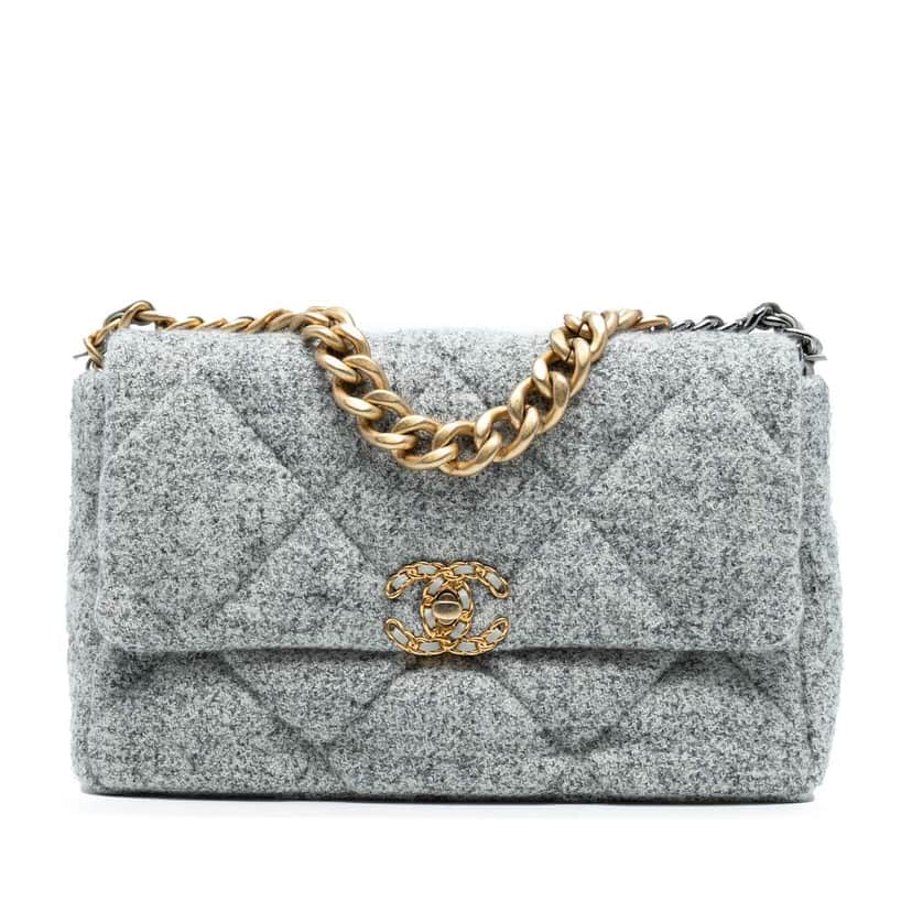 Chanel Large Tweed 19 Flap Grey Tweed Good condition - Front View
