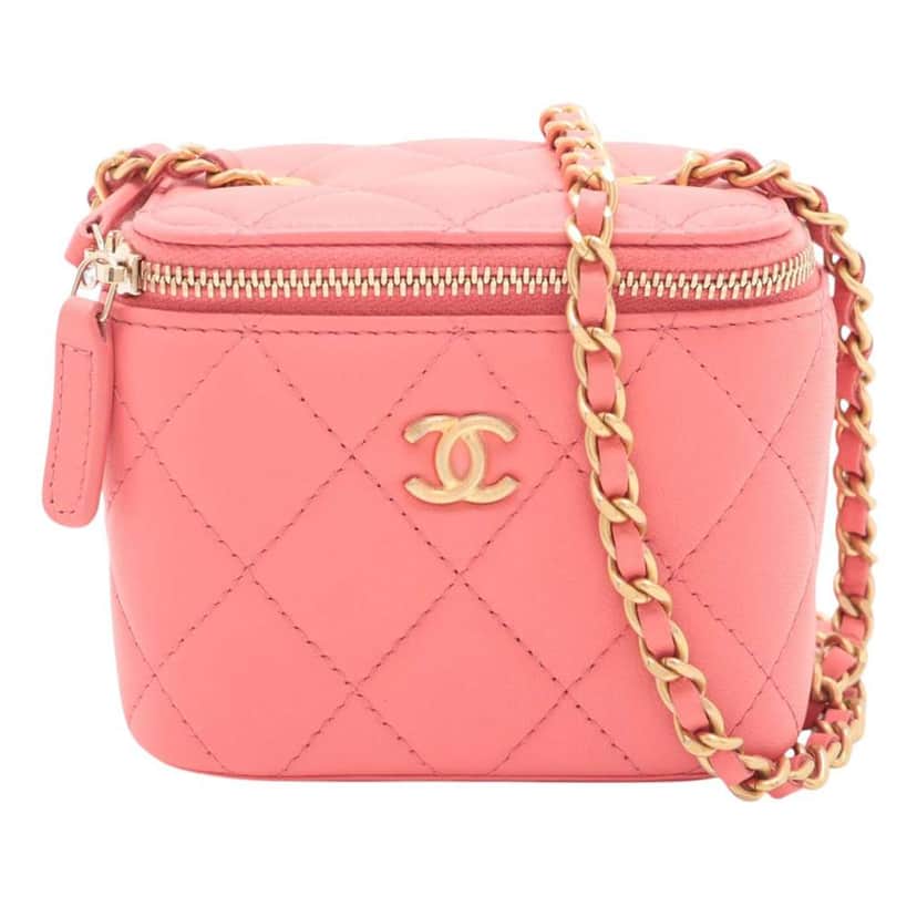 Chanel Mini Quilted Lambskin Pearl Crush Vanity Case With Chain Pink Leather Very good condition - Front View