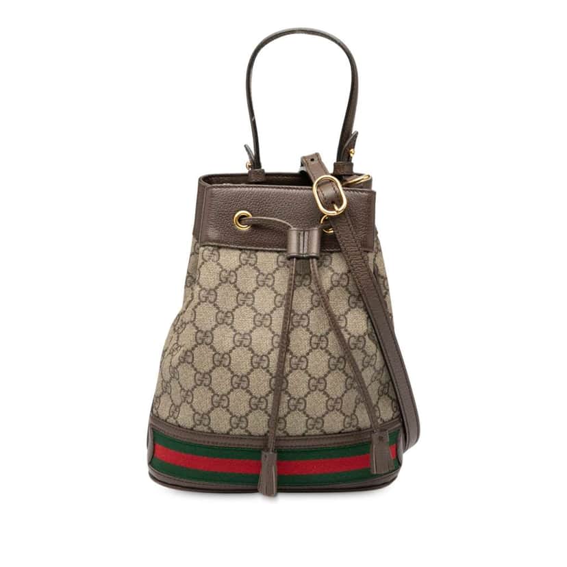 Gucci Small GG Supreme Ophidia Web Bucket Bag Brown Canvas Good condition - Front View