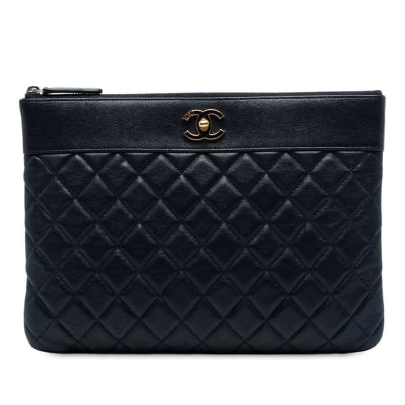 Chanel Medium Quilted Sheepskin Mademoiselle O Case Clutch Blue Leather Good condition - Front View