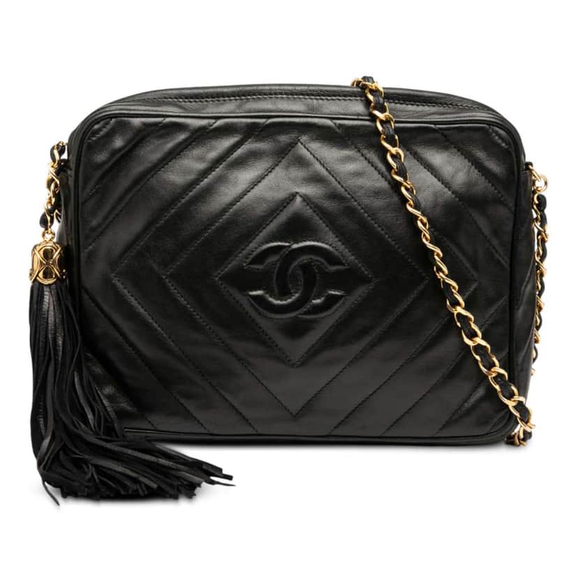 Chanel CC Chevron Quilted Lambskin Tassel Camera Case Black Leather Good condition - Front View