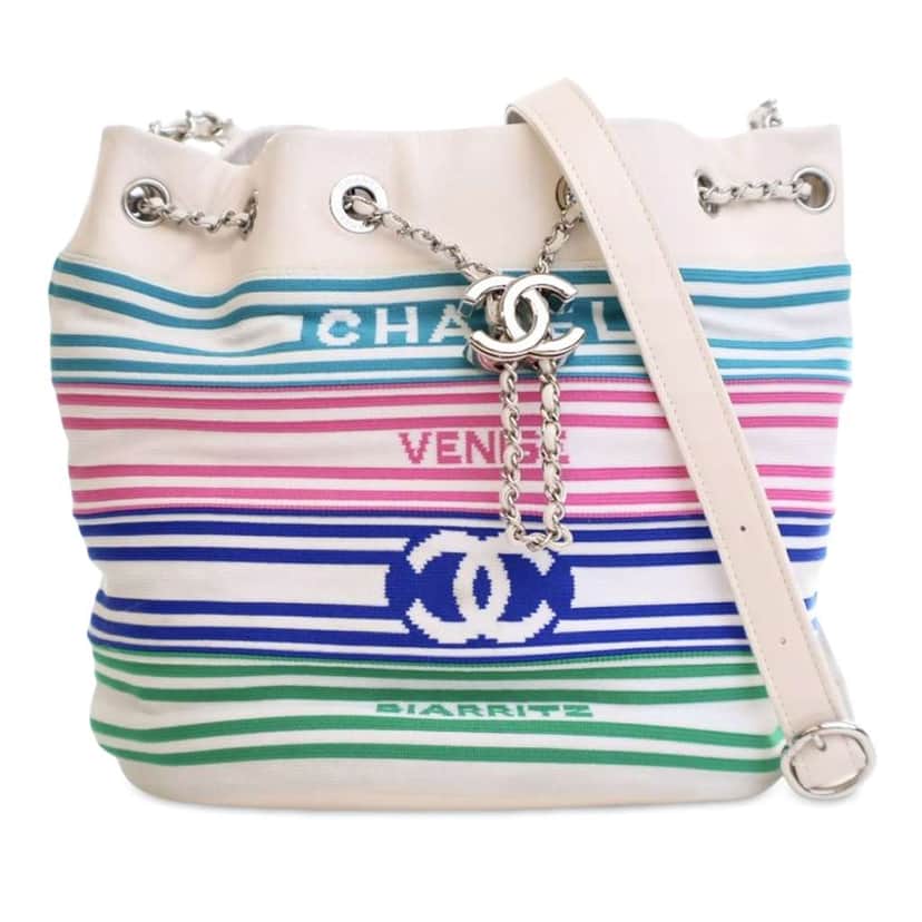 Chanel Mixed Fibers and Aged Calfskin Venise Biarritz Bucket Bag White Polyester Good condition - Front View