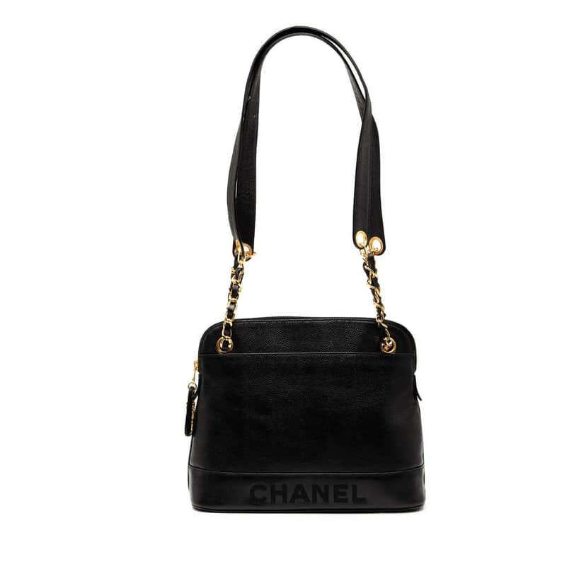Chanel Caviar Logo Chain Shoulder Bag Black Leather Good condition - Front View