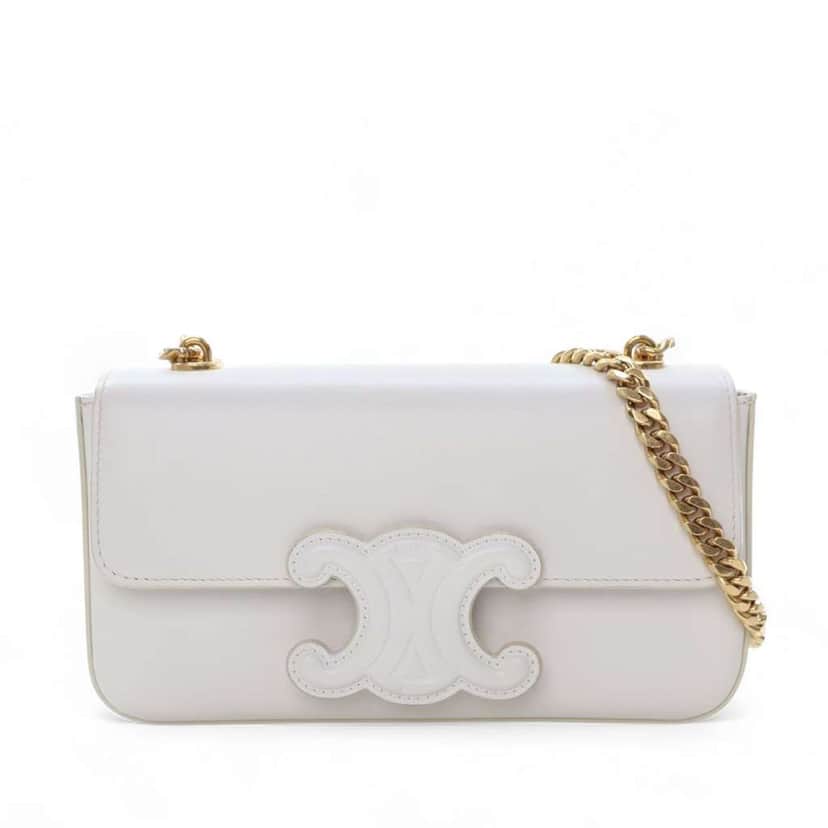 Celine Calfskin Cuir Triomphe Chain Shoulder Bag White Leather Good condition - Front View