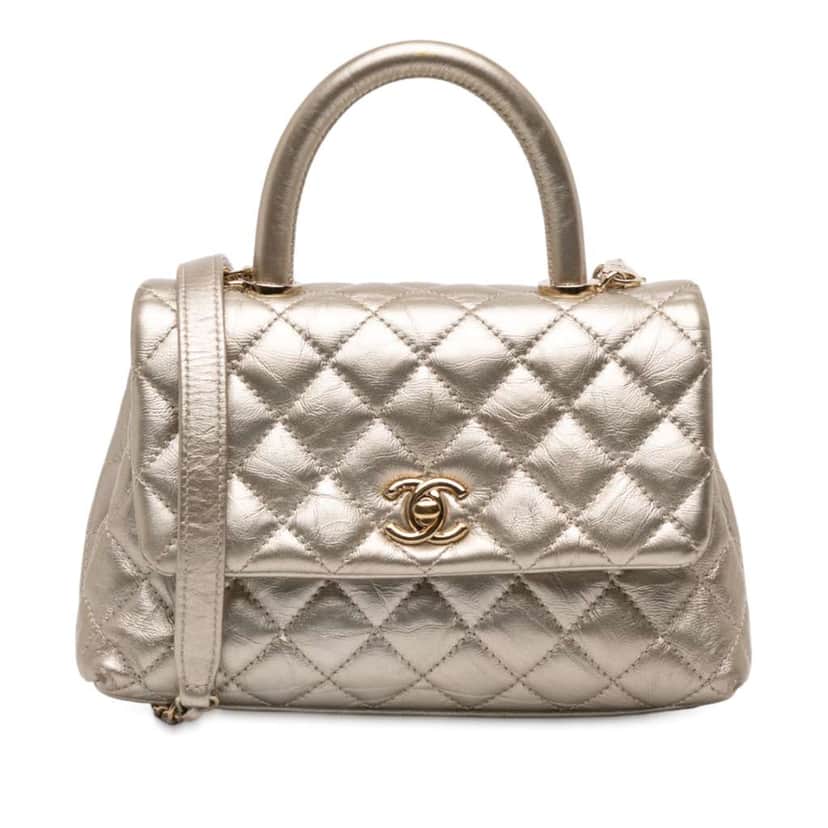 Chanel Small Quilted Metallic Calfskin Coco Top Handle Bag Gold Leather Good condition - Front View