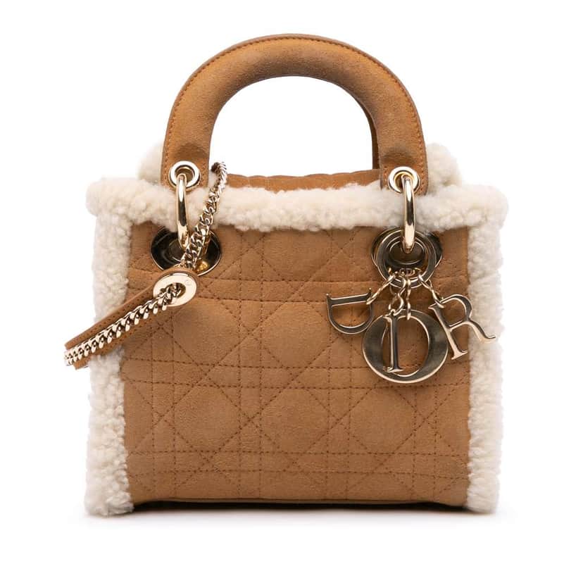 Dior Mini Suede Cannage with Shearling Trim Lady Dior Brown Leather Good condition - Front View