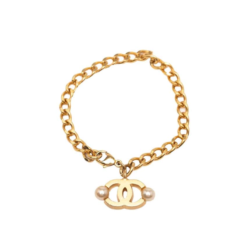 Chanel Gold Plated Faux Pearl CC Chain Bracelet Gold Metal Good condition - Front View