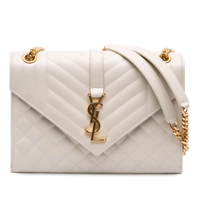 Saint Laurent Medium Grain De Poudre Triquilt Monogram Envelope Bag White Leather Good condition - Front View