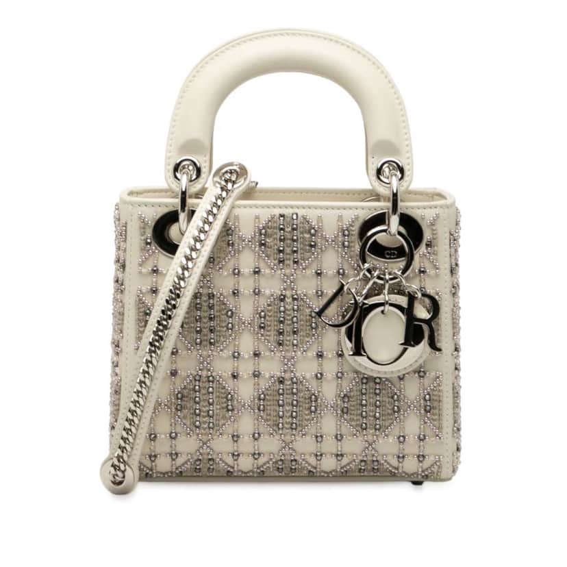 Dior Mini Beaded Lambskin Cannage Lady Dior White Leather Good condition - Front View