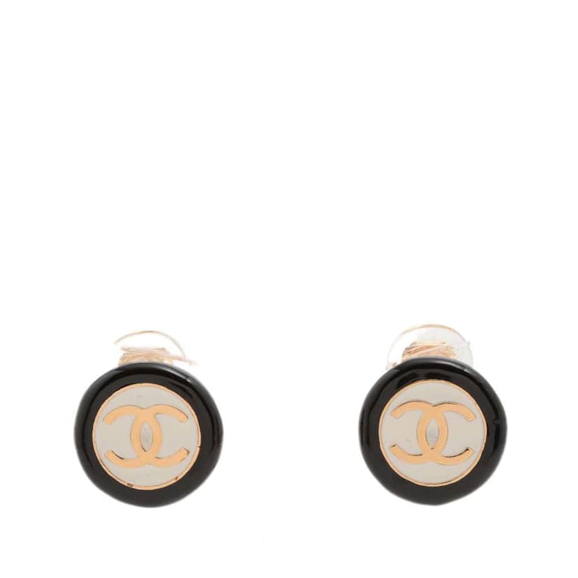 Chanel CC Enamel Gold Plated Round Clip On Earrings Black Good condition - Front View