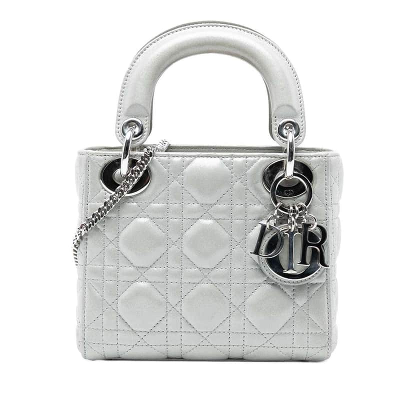 Dior Mini Iridescent Lambskin Cannage Lady Dior Silver Leather Good condition - Front View