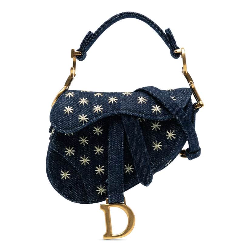 Dior Micro Denim Embroidered Saddle Bag Blue Denim Good condition - Front View