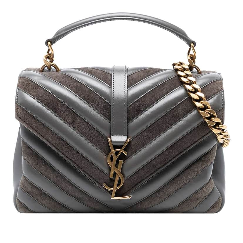 Saint Laurent Medium Calfskin and Suede Chevron Monogram College Satchel Grey Leather Good condition - Front View