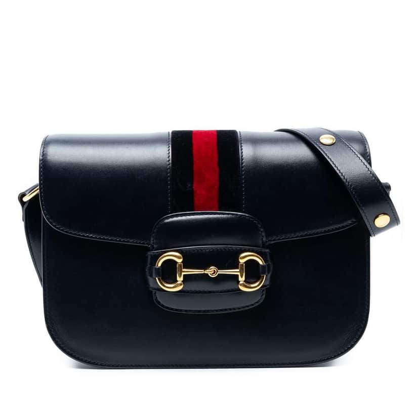 Gucci Medium Leather Web 1955 Horsebit Shoulder Bag Black Leather Good condition - Front View