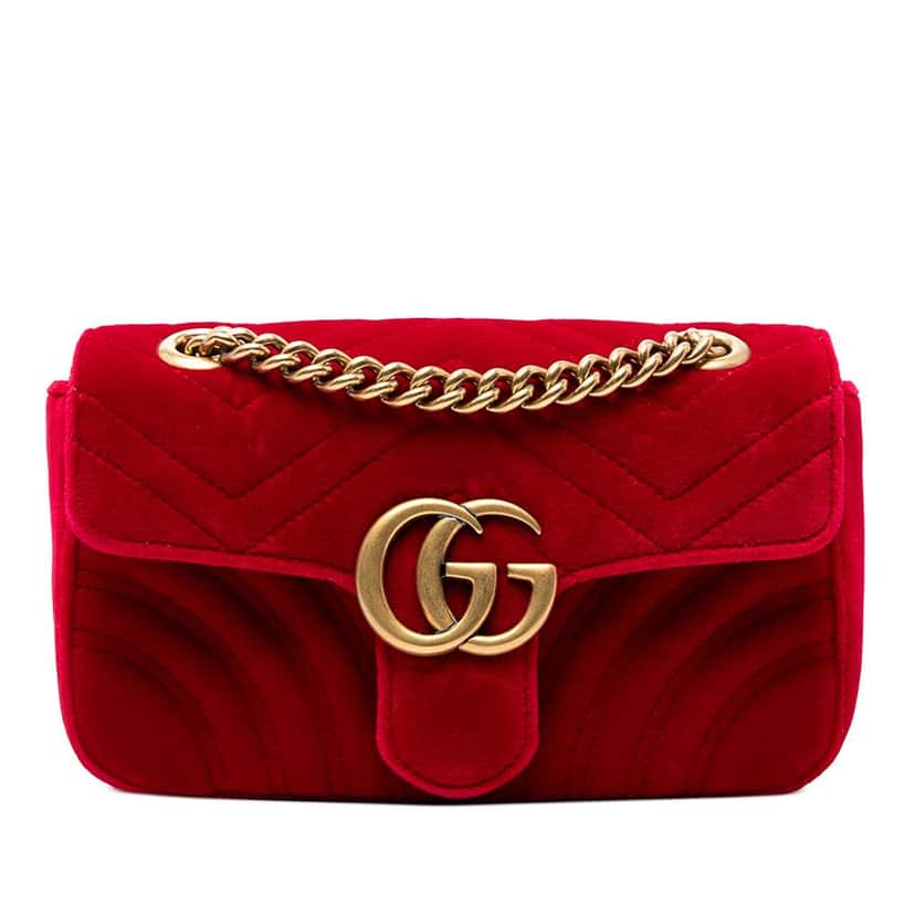 Gucci Small GG Marmont Matelasse Velvet Shoulder Bag Red Velvet Good condition - Front View